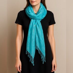 Turquoise Silver Metallic Pashmina Scarf with Fringe One Size‎